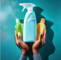 illustration deux mains tenant divers produits d'hygiène et d'entretien