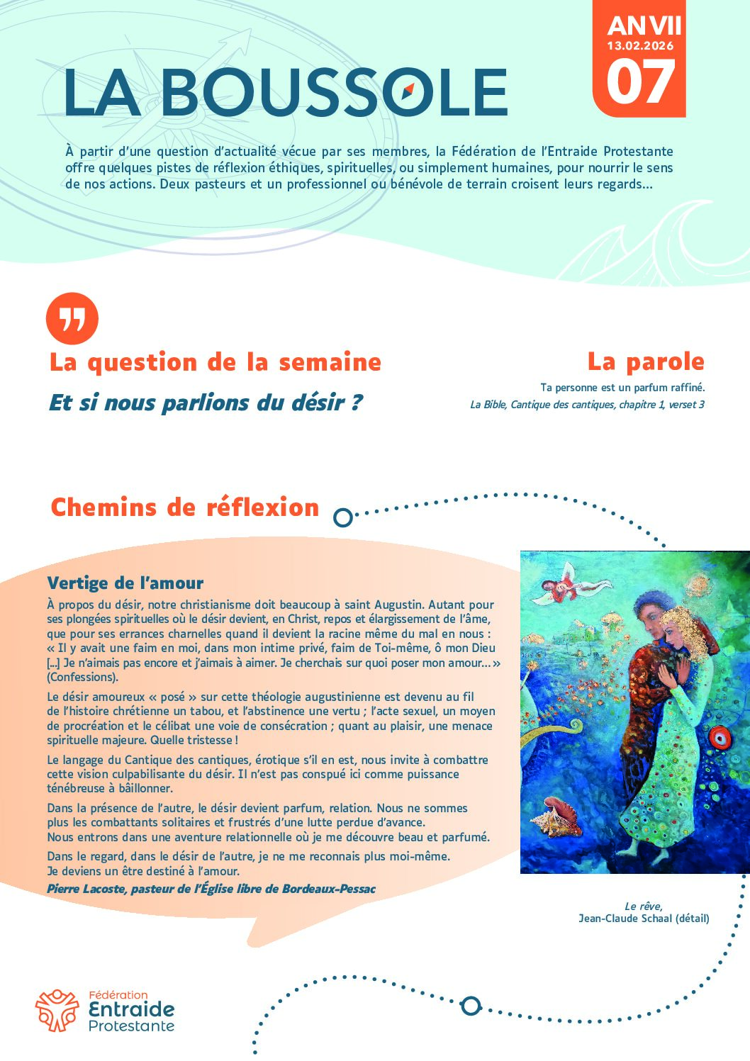 La lettre hebdomadaire La Boussole composée de textes de réflexion et d'une oeuvre d'art