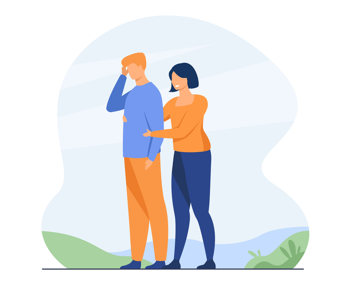 illustration un personnage qui se tient la tête avec un autre personnage qui le soutie,