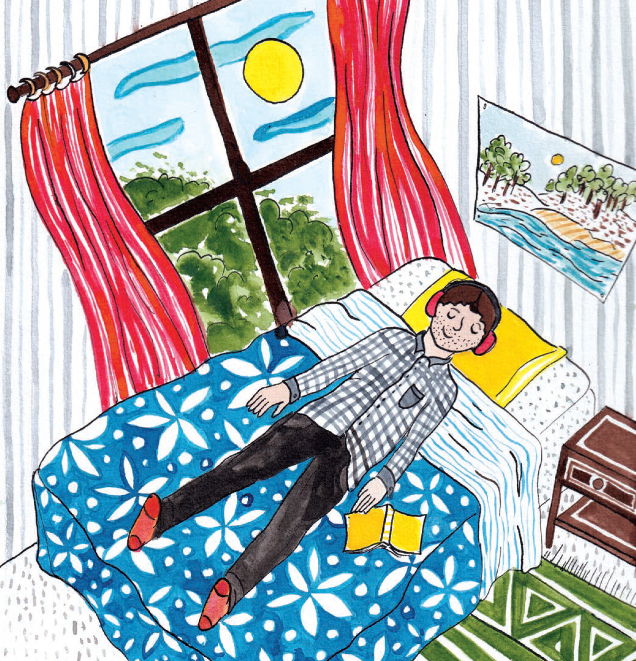 un dessin d'enfant représentant une personne sur un lit avec des écouteurs