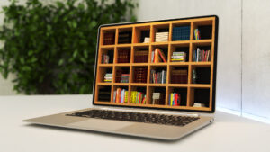 Un ordinateur avec un écran qui représente une bibliothèque remplie d’une documentation variée