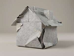 Une maison en papier cabossée