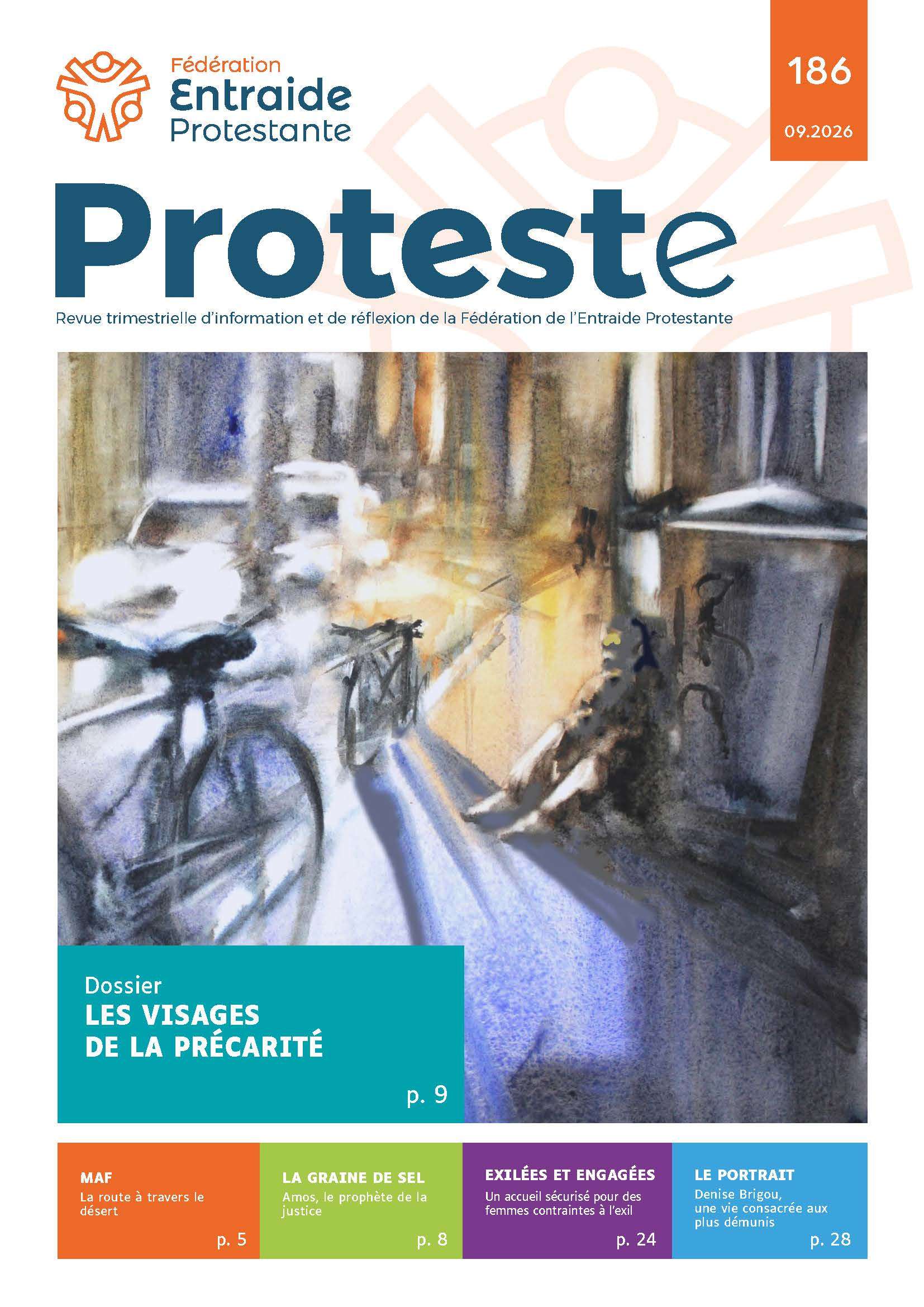 Couverture de proteste : une peinture représente une rue avec des voitures un vélo et une personne sans abris assise près d'une poubelle
