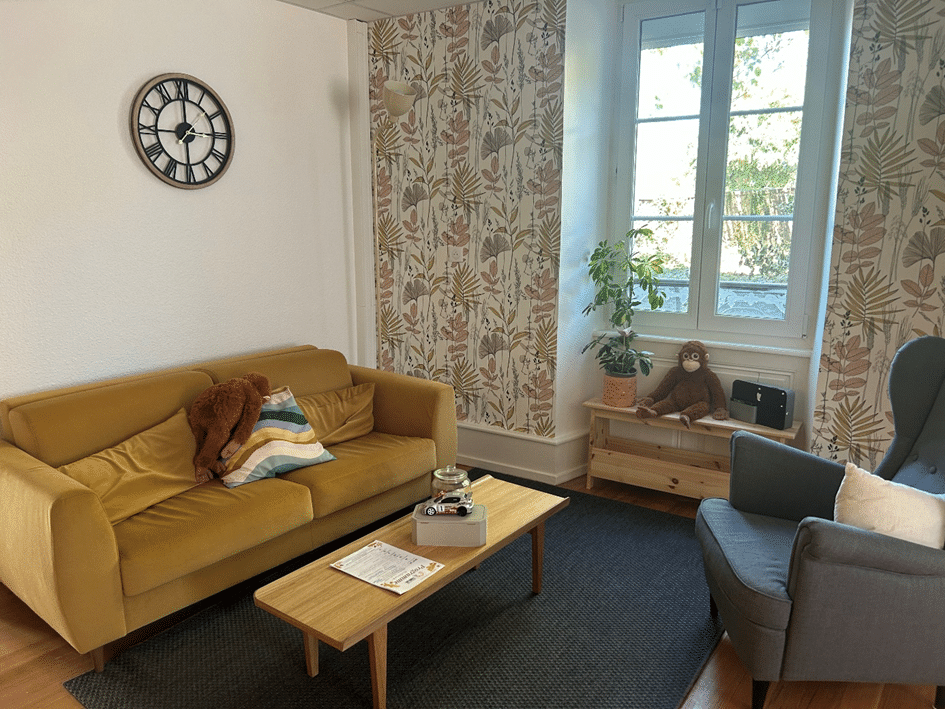 pièce de vie accueillante avec canapé, fauteuil et table basse